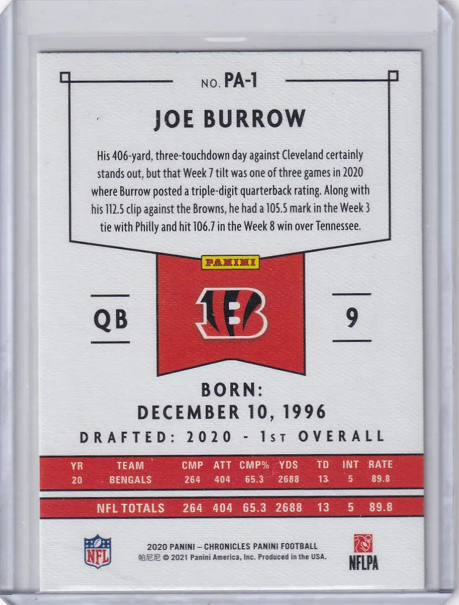 2020 Panini Chronicles PA1 Joe Burrow Cincinnati Bengals football card display