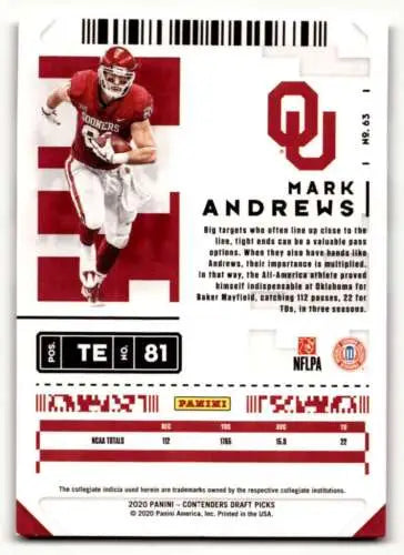 Mark Andrews 2020 Panini Contenders Draft Picks football card with original gloss finish