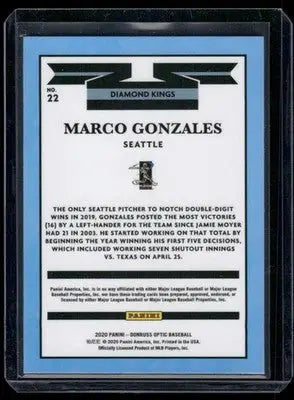 Baseball card of Marco Gonzales No 22 from Panini Donruss Optic Diamond Kings series