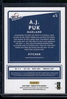Baseball trading card featuring A J Puk with stats from Panini Donruss Optic Donruss Optic