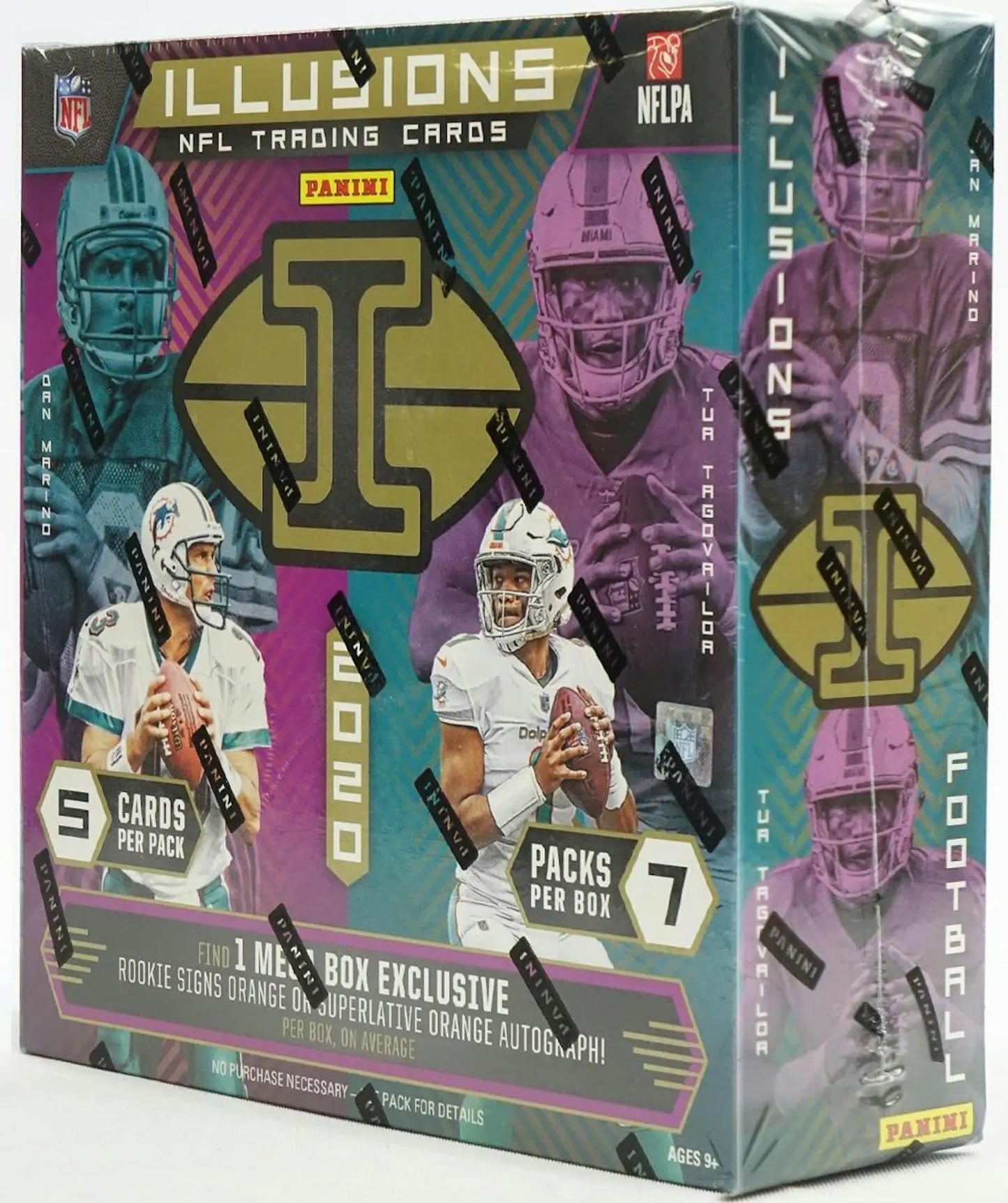2020 Panini Illusions NFL trading card box featuring Joe Burrow and Justin Herbert trophy collection