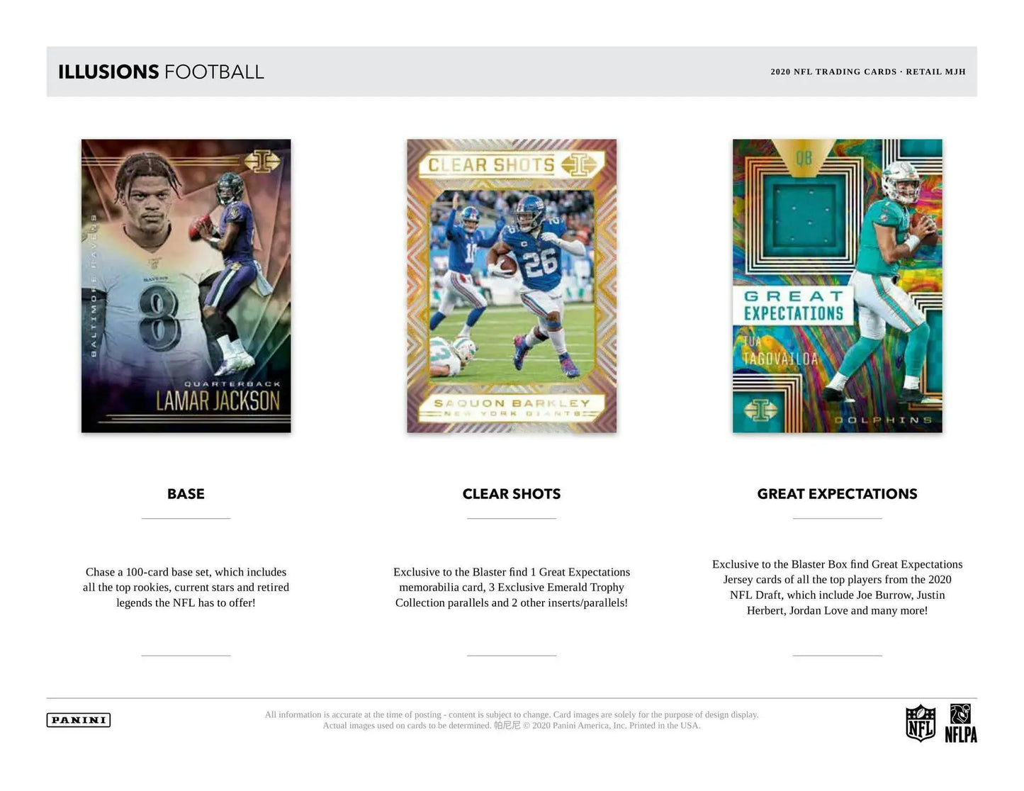 Football trading cards including Joe Burrow and Justin Herbert from 2020 Panini Illusions Mega Box