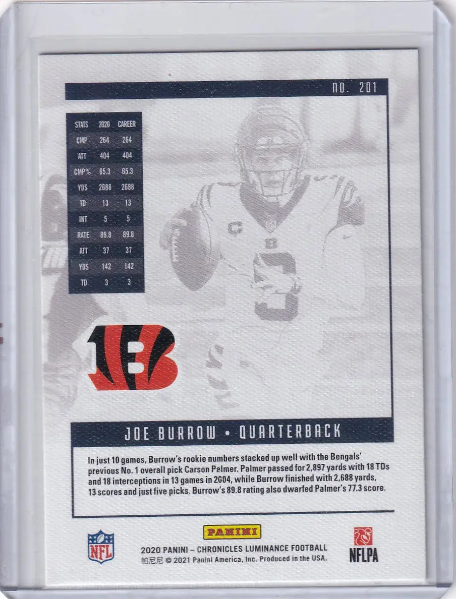 Joe Burrow football card from Panini Luminance 2020 Cincinnati Bengals product