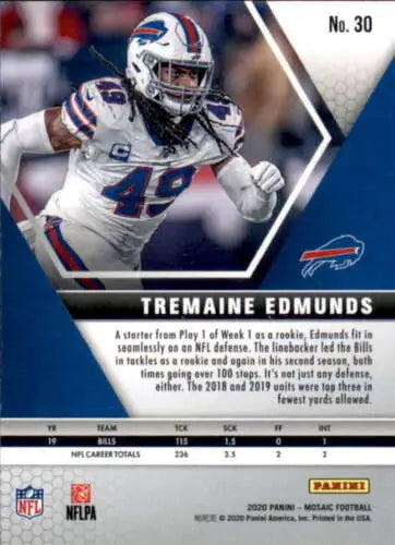 Football trading card of Tremaine Edmunds in Bills uniform from Panini Mosaic original gloss