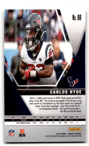 Carlos Hyde football card featuring original gloss in 2020 Panini Mosaic design