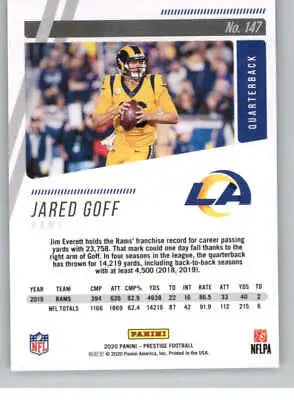 Football trading card of Jared Goff from 2020 Panini Prestige with original gloss