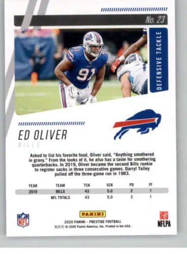 Ed Oliver football card from 2020 Panini Prestige with original gloss, NM-MT Bills