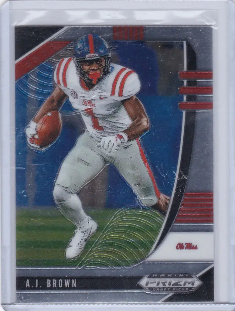 Football trading card of A.J. Brown in white and red, Panini Prizm Draft Picks 2020