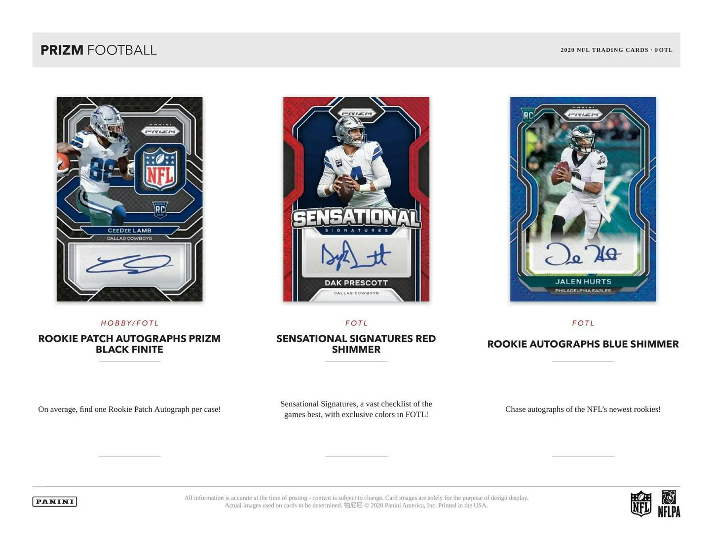 Football trading cards featuring rookie autographs Prizm from 2020 Panini Prizm FOTL Hobby Box