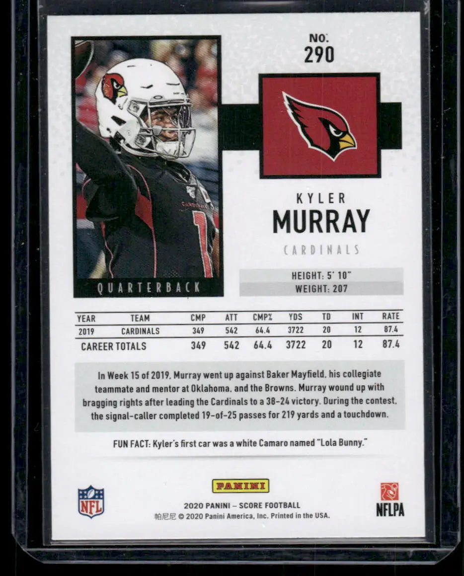 Panini Score Kyler Murray football card with career stats from 2020 Panini Score