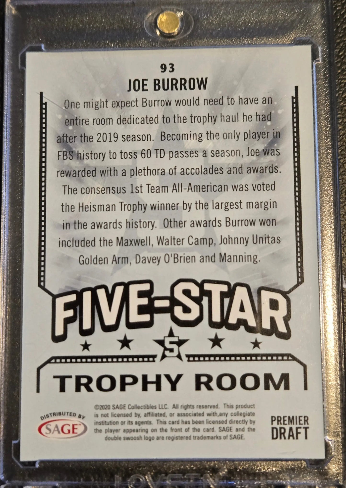Joe Burrow football card from Sage Hit 2020 SAGE HIT #93 product