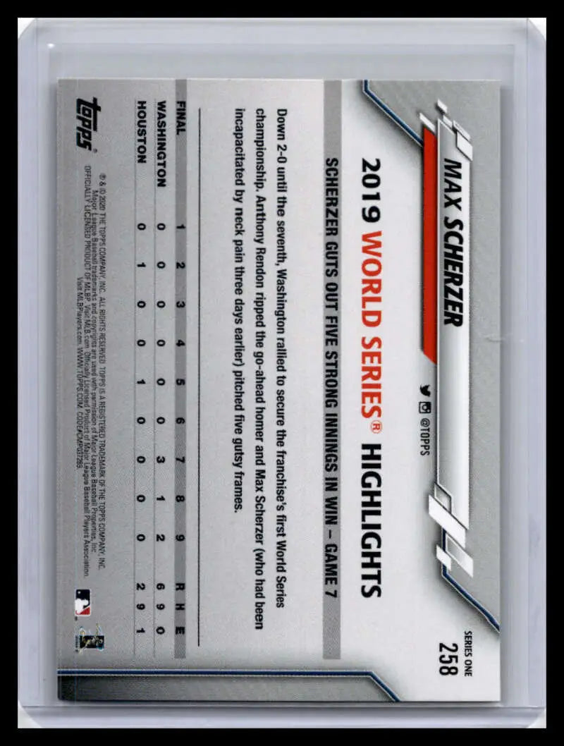 2019 World Series Highlights trading card featuring Max Scherzer and Washington Nationals design
