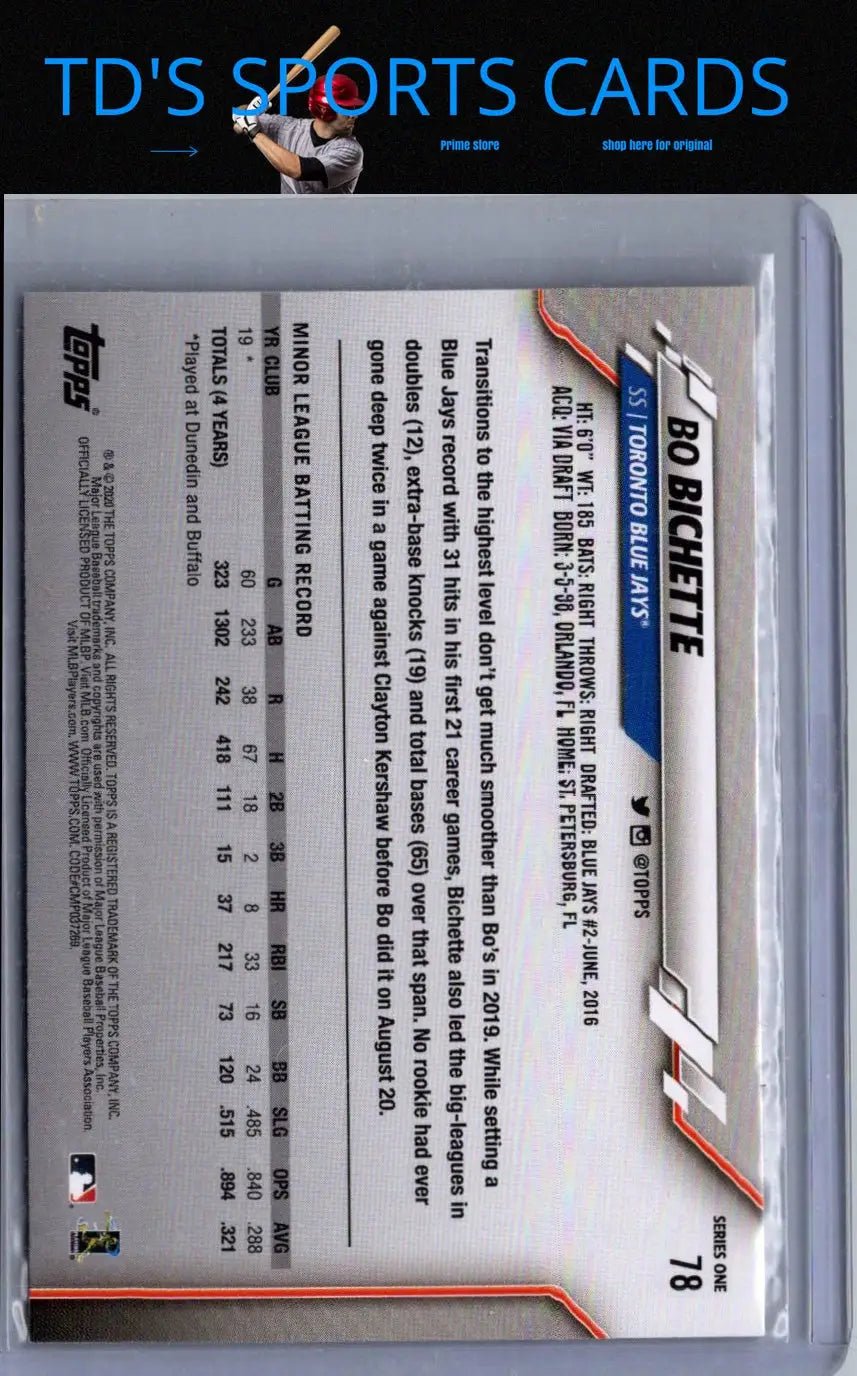 2020 Topps Bo Bichette baseball card showcasing Toronto Blue Jays player