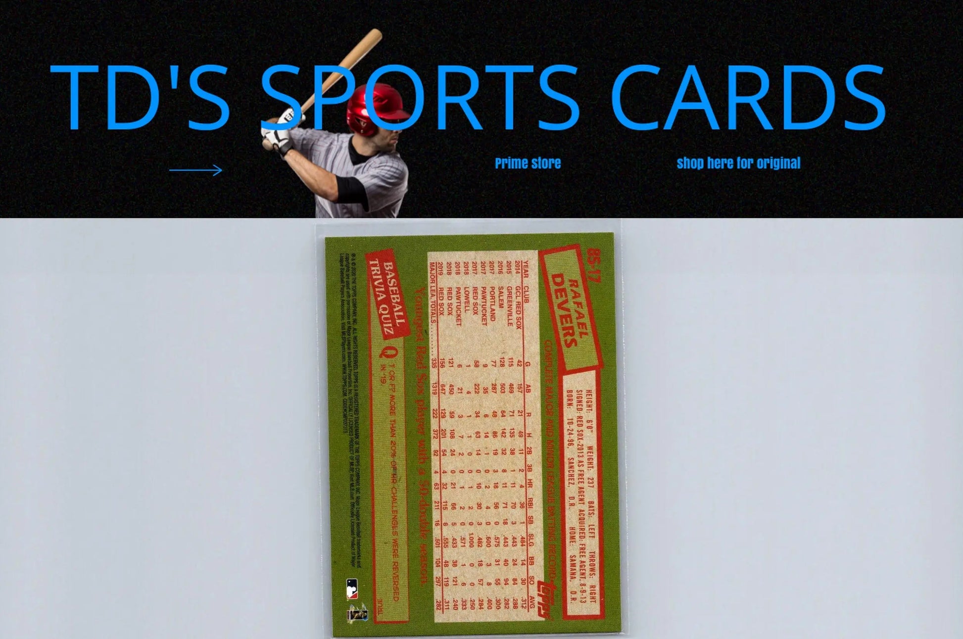 Baseball card back for Rafael Devers 2020 Topps #85-17 1985 Topps Baseball 35th Anniversary