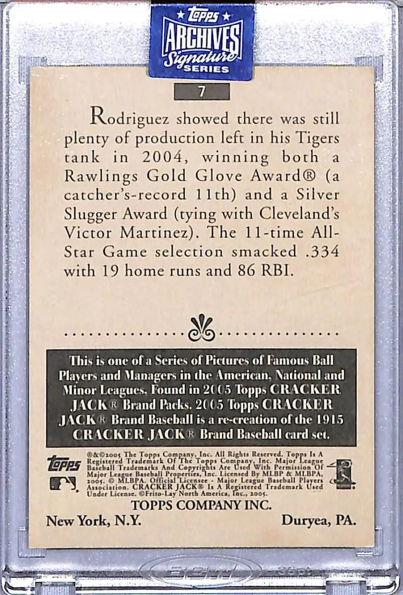 Baseball card back featuring Ivan Rodriguez Detroit Tigers Topps Archives Signature auto