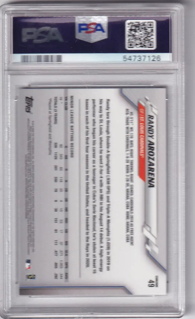 Graded Randy Arozarena baseball card from 2020 Topps Chrome #49 PSA 10 St Louis Cardinals