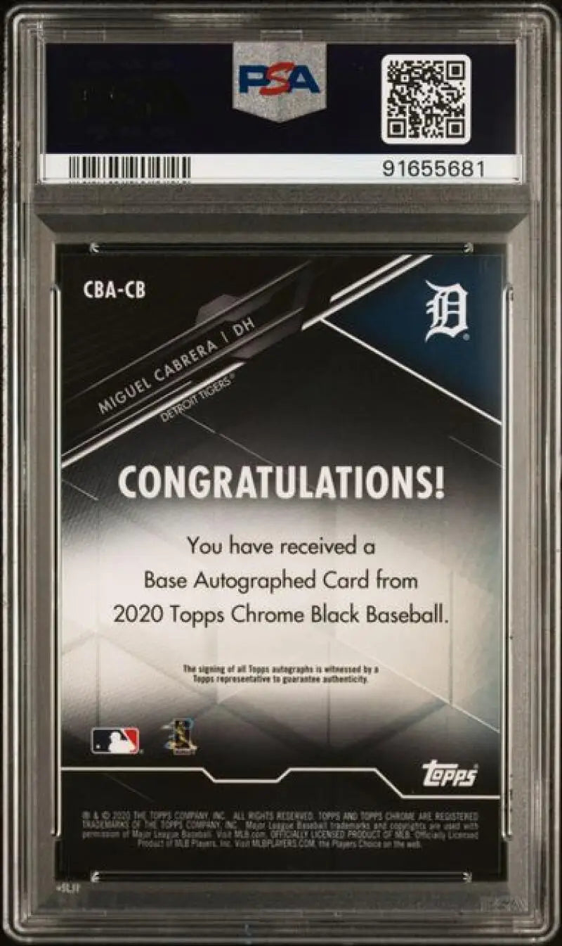 PSA 10 GEM MINT Miguel Cabrera Topps Chrome Black autographed baseball card back