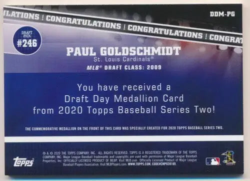 Back of 2020 Topps Draft Day Medallion featuring Paul Goldschmidt with original gloss