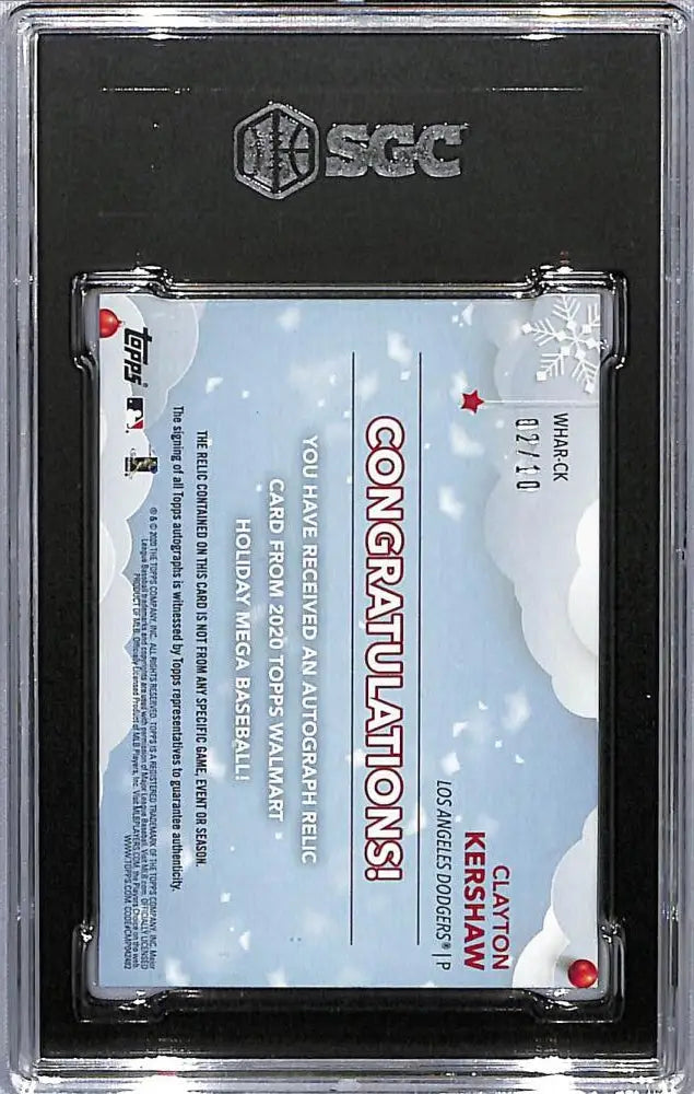 SGC 10 Gem graded Clayton Kershaw card in protective case with congratulations message