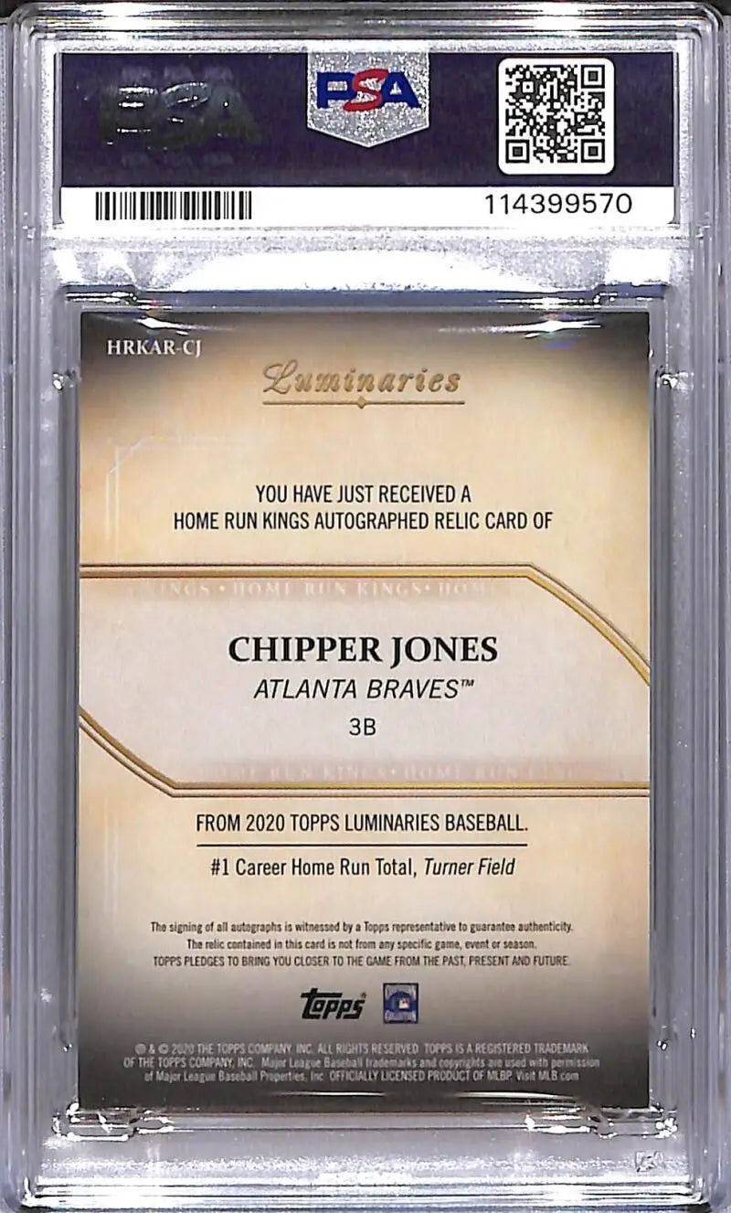 Graded Chipper Jones baseball card featuring Atlanta Braves home run king in PSA 7 NM MEM auto