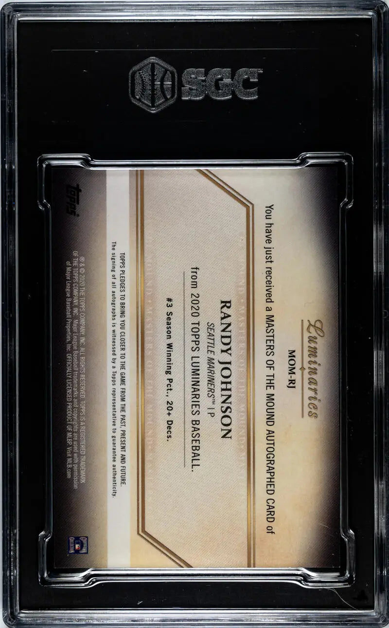 BGC-graded trading card holder with 2020 Topps Luminaries Masters of the Mound Randy Johnson
