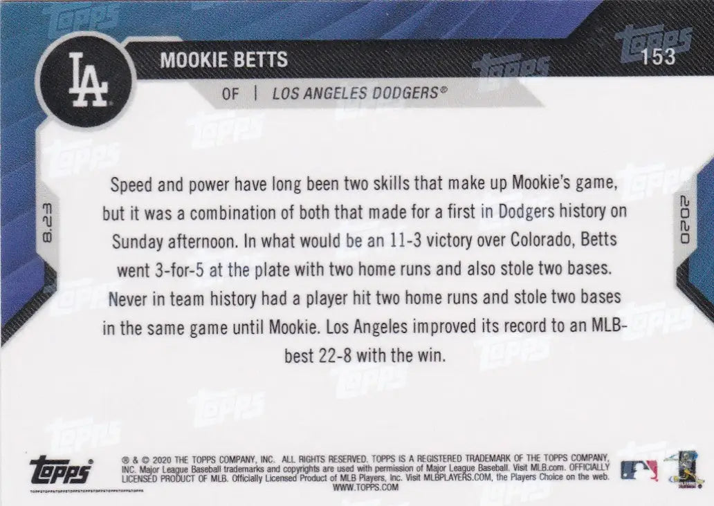 Back of 2020 TOPPS NOW Mookie Betts Los Angeles Dodgers baseball card showing game stats