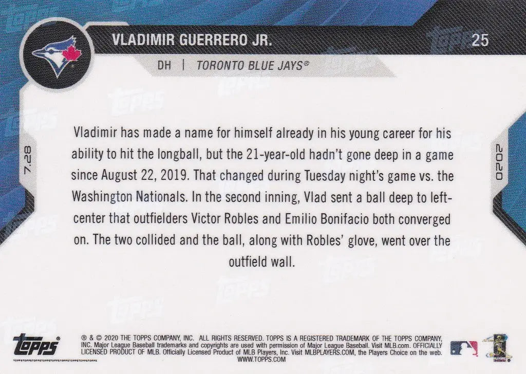 Back of 2020 TOPPS NOW #25 Vladimir Guerrero Jr. trading card for Toronto Blue Jays