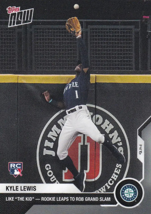 Kyle Lewis leaping to catch a ball above the outfield wall for Seattle Mariners
