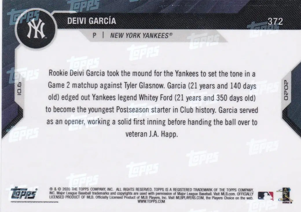 Deivi Garcia baseball card from 2020 Topps Now featuring the New York Yankees