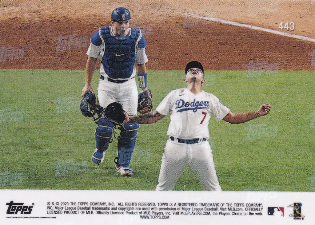 Baseball card of Julio Urias, pitcher for the Los Angeles Dodgers, 2020 Topps Now #443