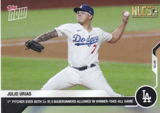 Julio Urias baseball card from 2020 Topps Now featuring Los Angeles Dodgers star