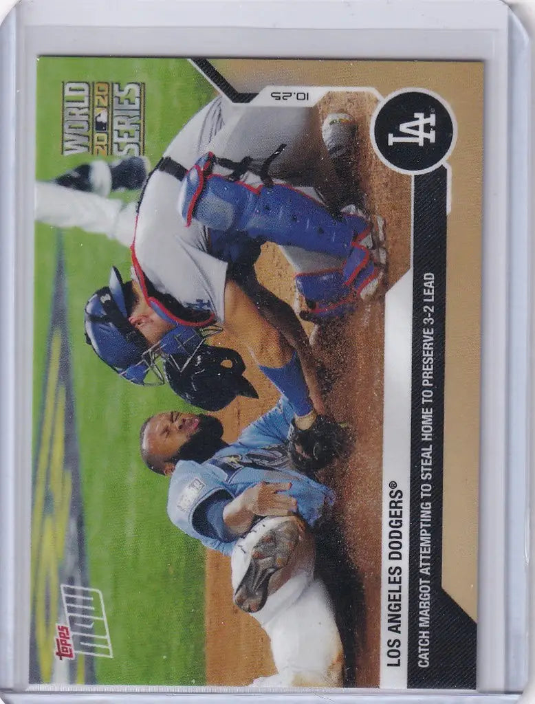 Baseball trading card of Los Angeles Dodgers player sliding into base to evade tag
