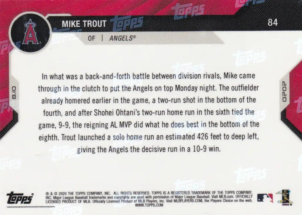 Mike Trout baseball card back from 2020 Topps Now featuring Anthony Rendon trading cards