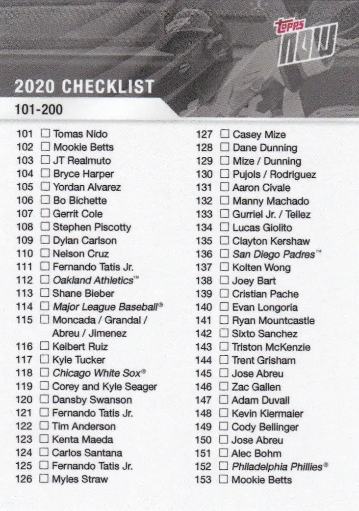 2020 Topps Now baseball checklist for trading cards in 2020 TOPPS NOW CK 101-200