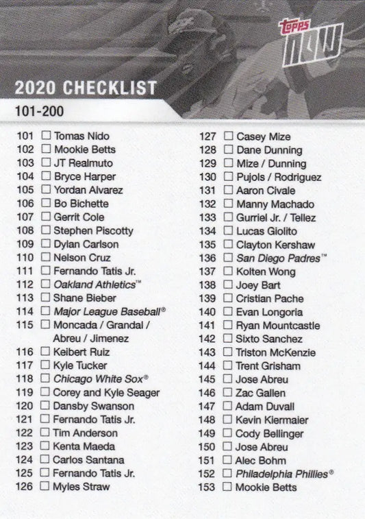 2020 Topps Now baseball checklist for trading cards in 2020 TOPPS NOW CK 101-200
