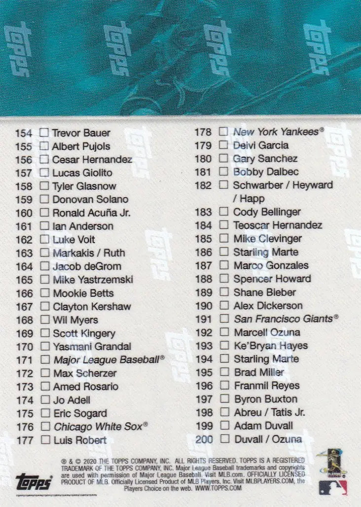 Baseball card checklist for 2020 TOPPS NOW CK 101-200 trading cards collection