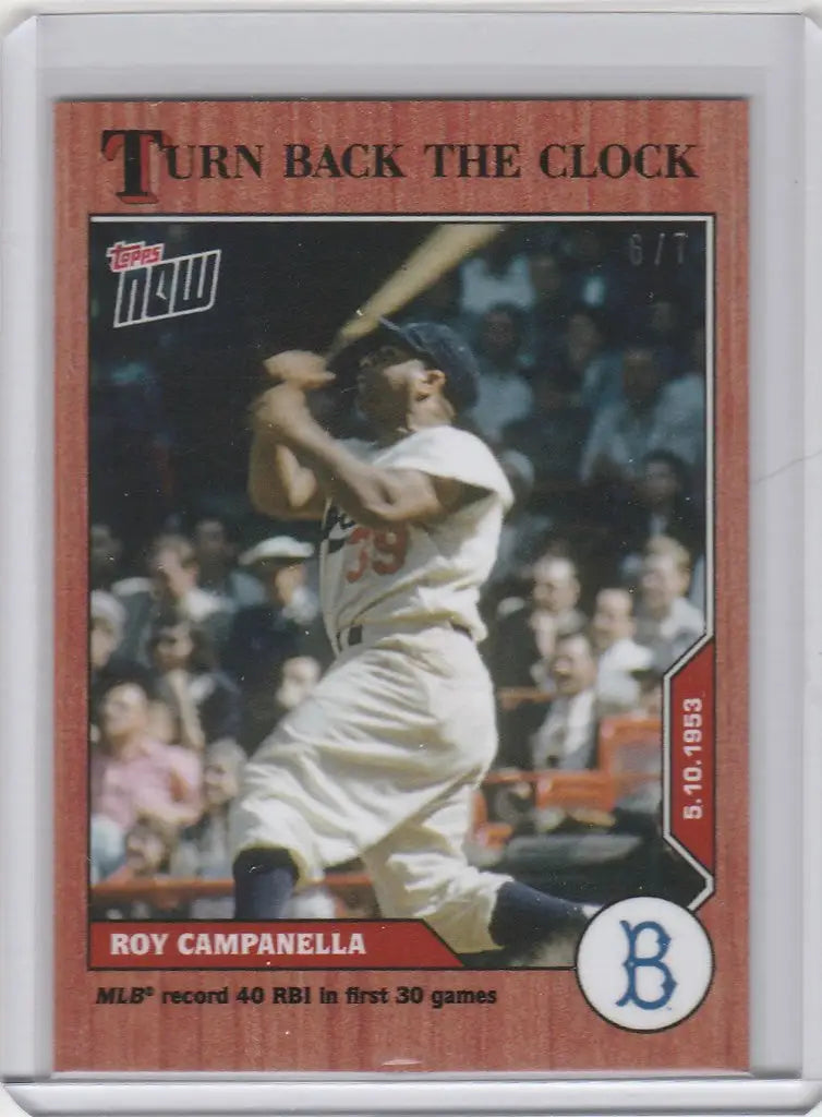 Roy Campanella batting on a Brooklyn Dodgers baseball card from 2020 Topps Now