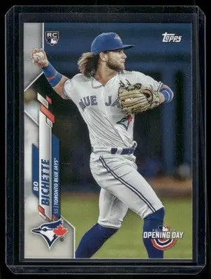 2020 Topps Opening Day Bo Bichette RC baseball card displayed in 2020 Topps Opening Day product