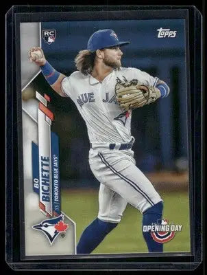 2020 Topps Opening Day Bo Bichette #173 RC baseball card displayed in product