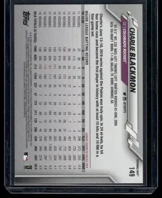 2020 Topps Opening Day Charlie Blackmon baseball card with player stats and bio