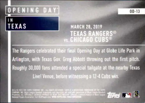 Baseball card back of 2020 Topps Opening Day Set #OD-13 Texas Rangers with original gloss