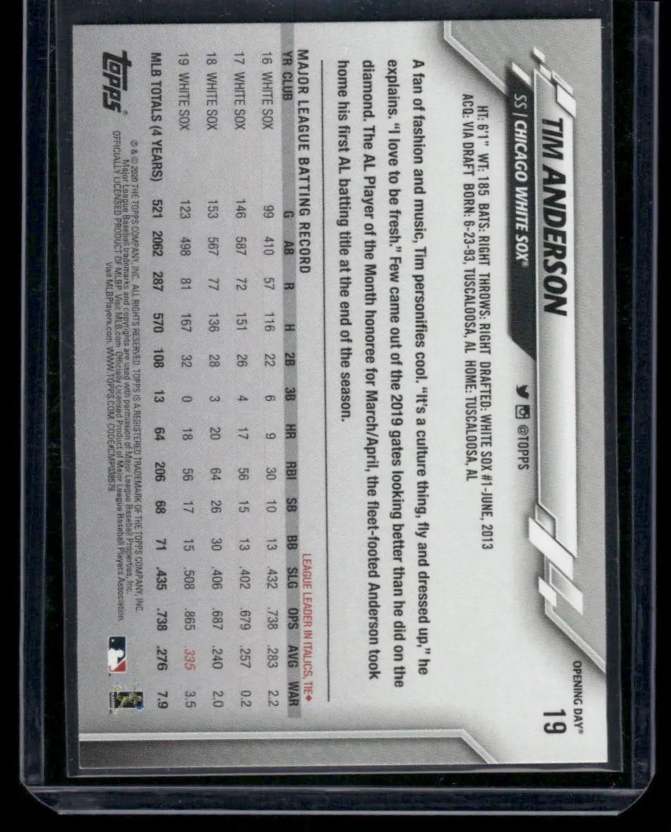 Baseball trading card of Tim Anderson from 2020 Topps Opening Day featuring stats and bio