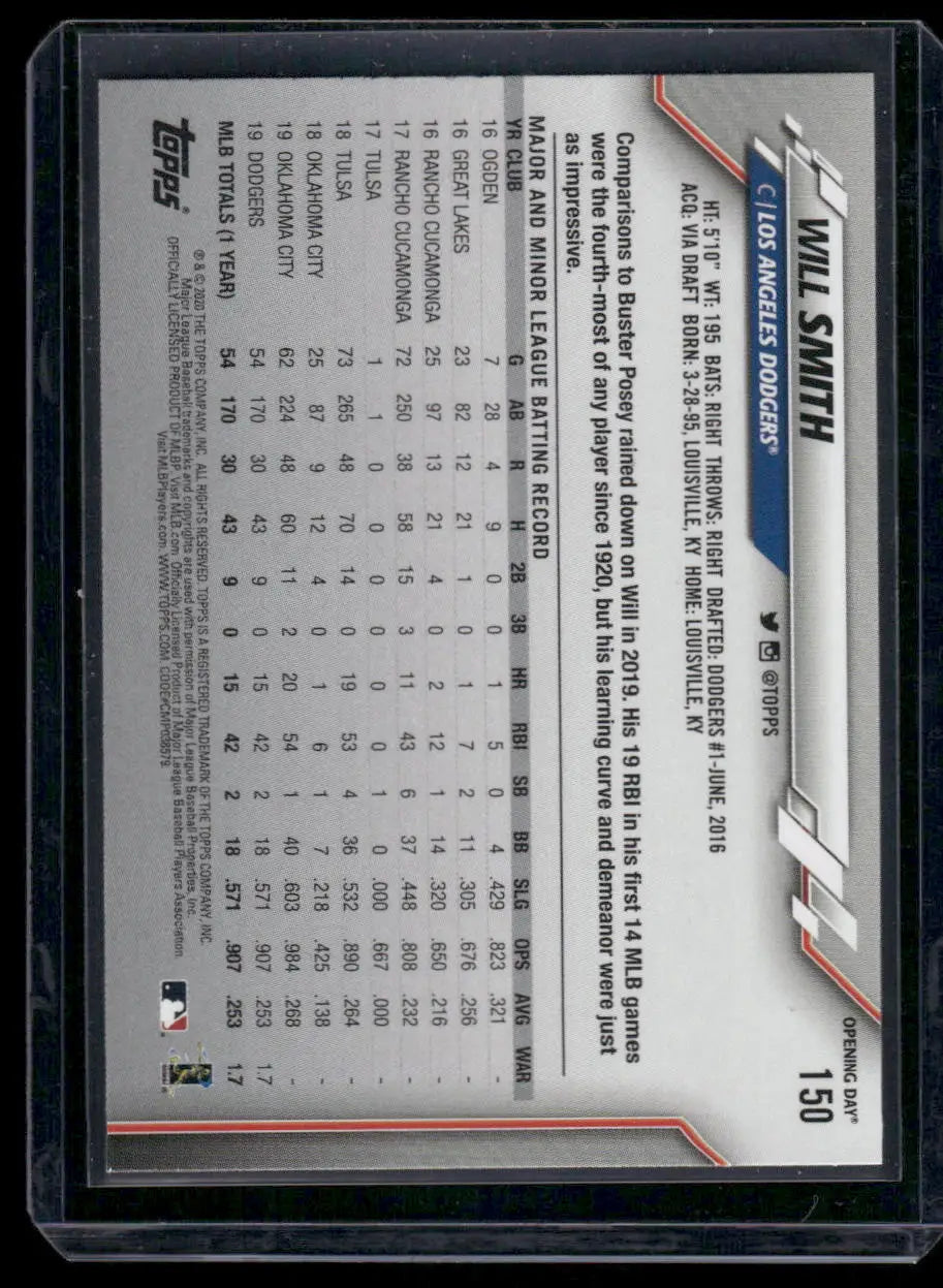 2020 Topps Opening Day Will Smith baseball card with batting stats and bio