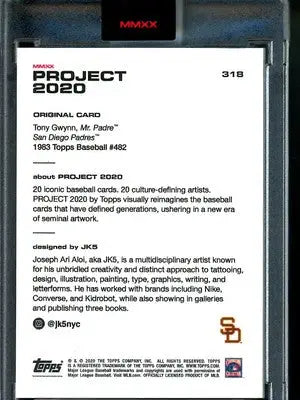 Baseball card back from the 2020 Topps Project 2020 Tony Gwynn #318 set