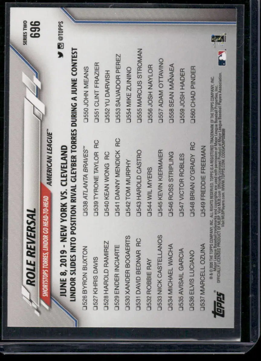Back of a 2020 Topps Series Two Francisco Lindor Gleyber Torres #696 baseball card
