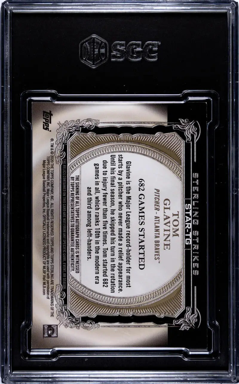 Back side of 2020 Topps Sterling Seasons Tom Glavine card in protective holder