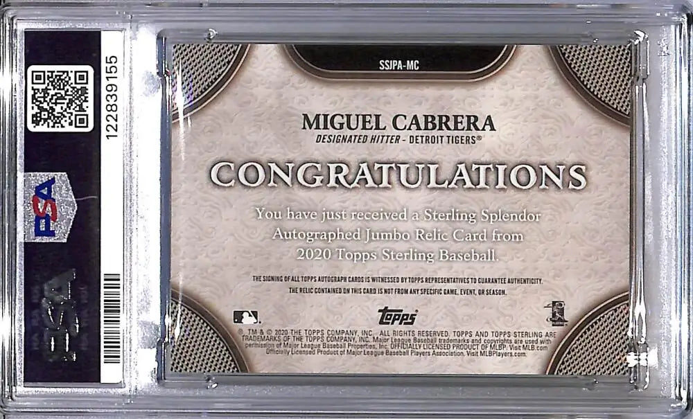 2020 Topps Sterling Splendor Jumbo #SSJPA-MC Miguel Cabrera PSA 10 GEM MINT MEM Auto Detroit Tigers
