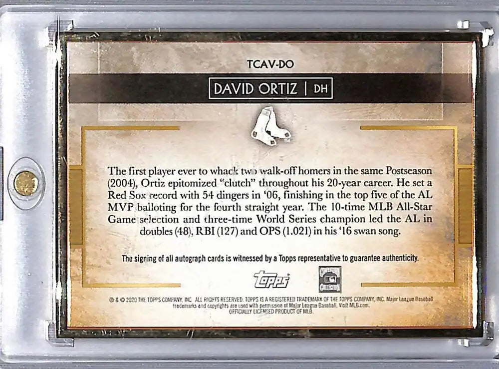 Back of 2020 Topps Transcendent David Ortiz Boston Red Sox baseball card graphic