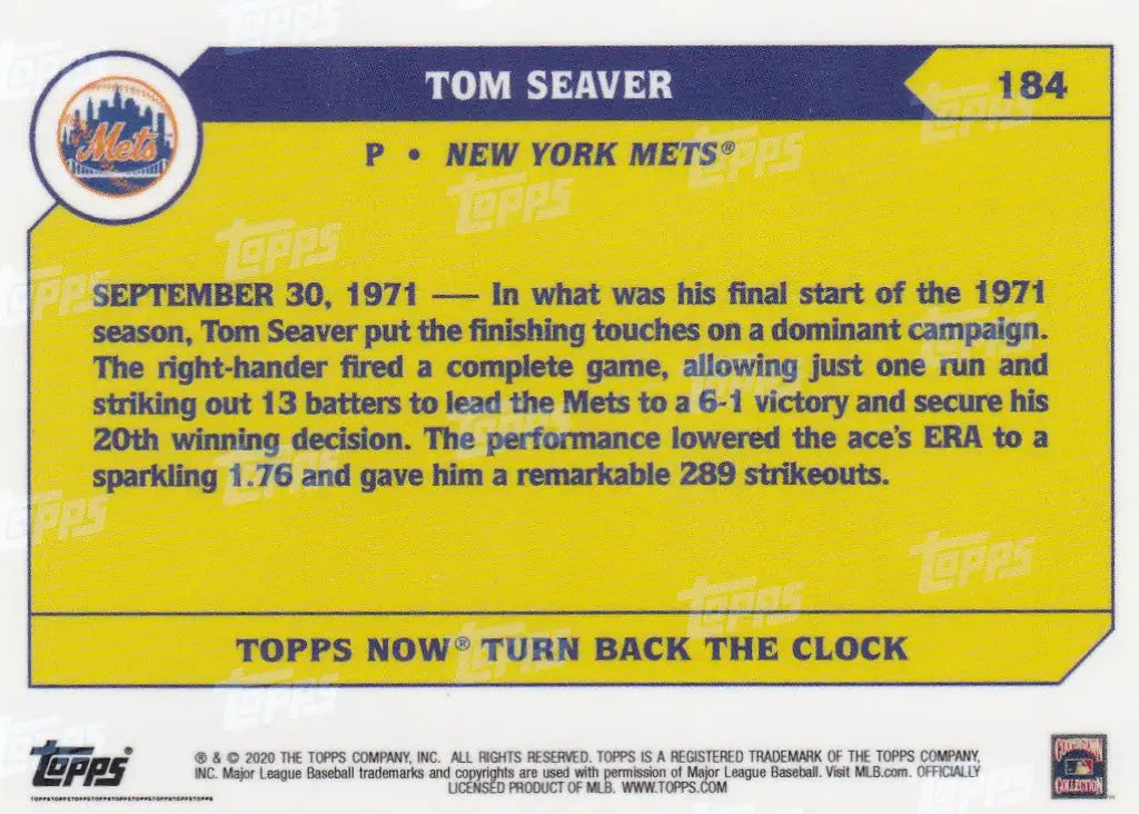 Baseball trading card of Tom Seaver of the New York Mets from 2020 TURN BACK THE CLOCK series