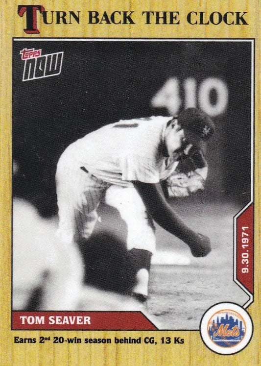 Black and white baseball card of Tom Seaver pitching from 2020 TURN BACK THE CLOCK #184 NY Mets